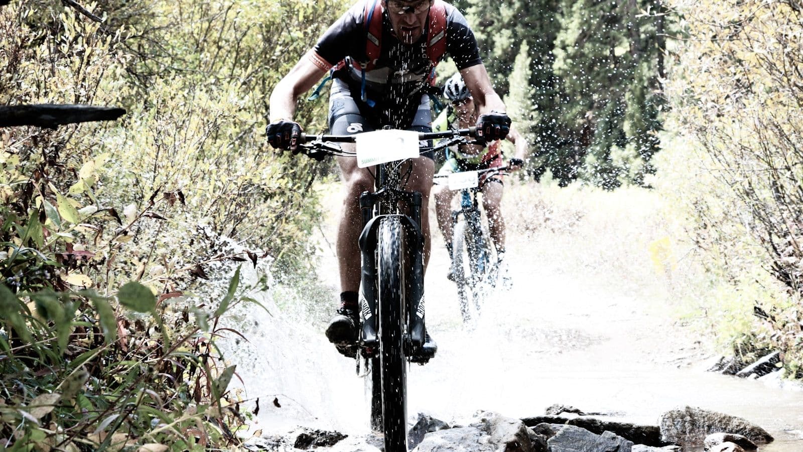 Close-up of mountain bike tire on trail
